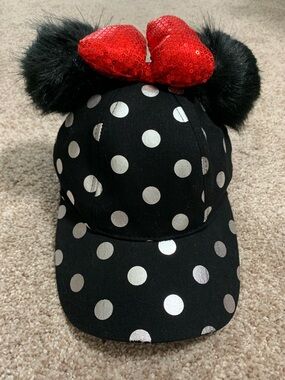 Disney Parks Minnie Mouse Black Polka Dot Pom Pom Sequin Bow Adult Hat Cap